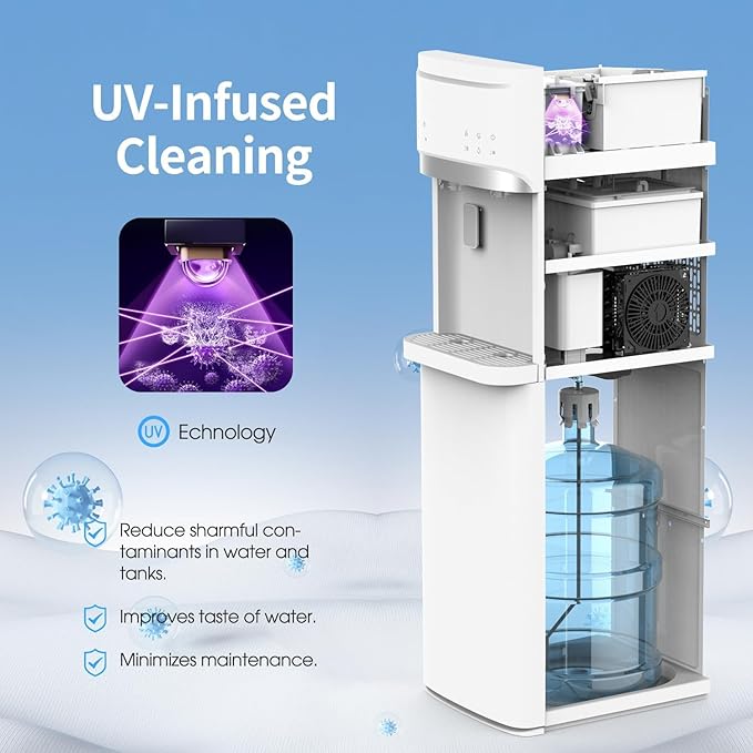 IKT Self-Cleaning Hot Cold and Room Water Cooler Dispenser and Maker Bottom Loading for 5 Gallon Bottle with Energy Saving Mode 22lbs Within 24hrs White