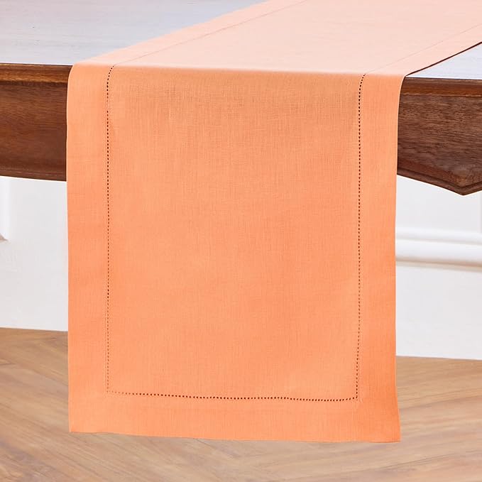 Solino Home Linen Coral Hemstitch Table Runner 60 Inches - 100% Pure Linen Small Table Runner 14 x 60 Inch Ideal for Dresser and Coffee Tables - Classic Hemstitch