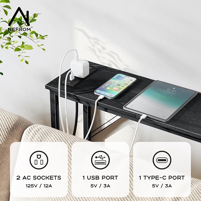 63'' Console Table, Skinny Entryway Table with Fast-Charging Station, Narrow Long Sofa Table, Behind Slim Couch Table for Entrance, Hallway, Living Room Decor ST-BK160-1