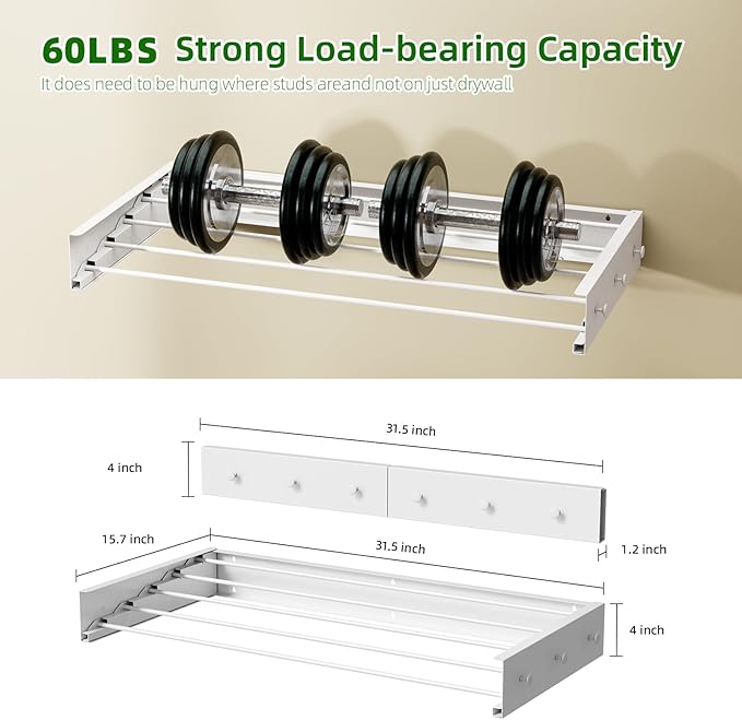 Wall Mounted Drying Rack for Laundry 31.5'', Folding Drying Rack Clothing Wall Mount with 5 Rods and 6 Hooks, Space Saving for Indoor Outdoor Bathroom Balcony (White, 31.5'')