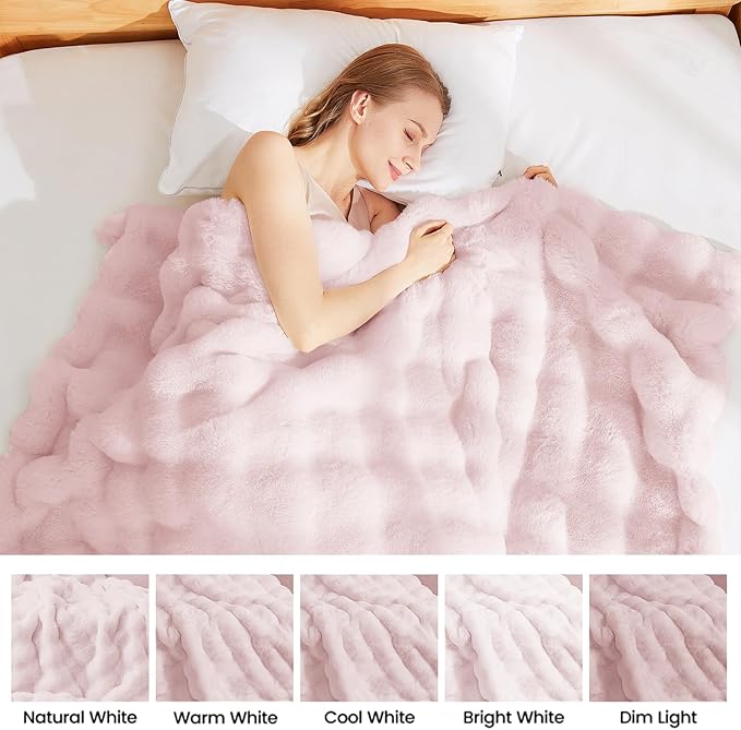 Latepis Pink Faux Fur Queen Blanket for Bed Bubble Cute Soft Warm Comforter Thick Furry Blanket for Sofa Bedroom Cozy Blankets for Women Gift Luxury Blankets for All Seasons 90''x90'', 860gsm