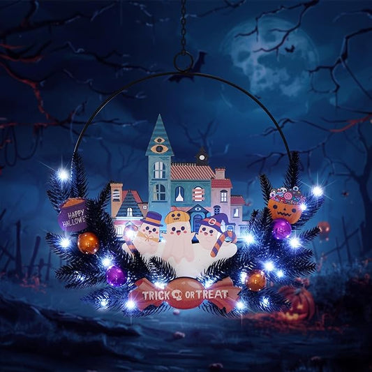 Lighted Halloween Wreaths for Front Door, Welcome Metal Wooden Door Wreath Decor Hanging Sign, 30 LED Lighted Wall Decor Battery Operated for Halloween Indoor Outdoor (Ghost)