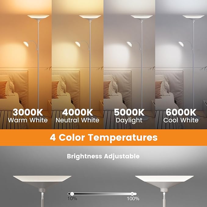 Sliver Gray Torchiere Floor Lamp with Reading Light, 4 Color Temperatures, Dimmable & Individual Light Control Standing Lamp, 34W Bright Tall Lamp with Remote for Living Room Bedroom Office