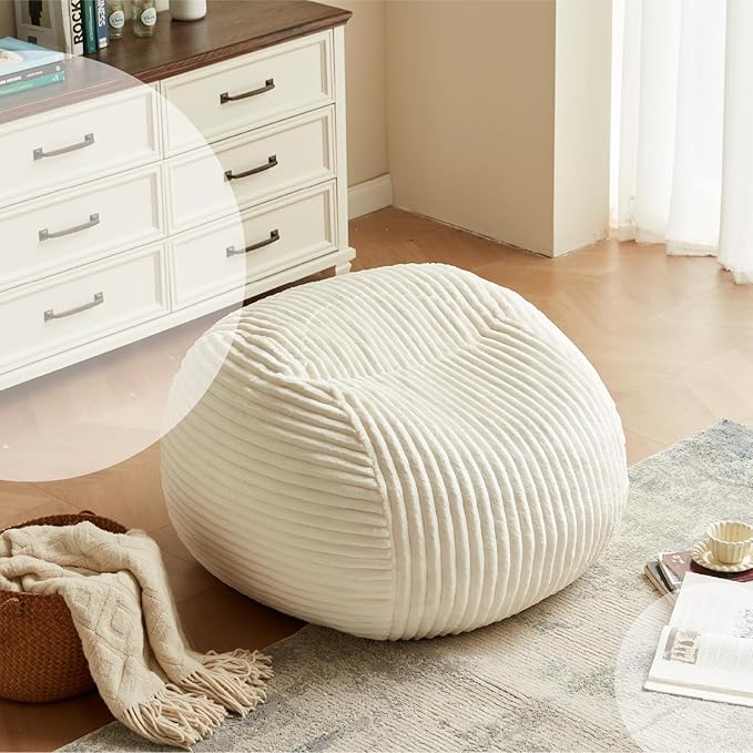 Premium Beige Bean Bag Chair for Adults with Armrest- Ultra Plush Memory Foam Lounge Sofa & Comfy Reading Nook Chair for Bedroom, Living Room & Dorm (White, 4FT)