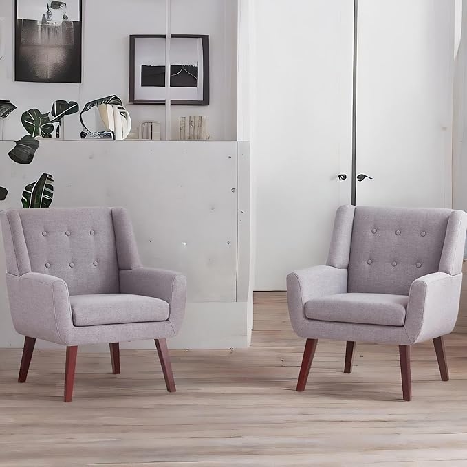 HUIMO Button-Tufted Accent Chairs Set of 2,Upholstered Reading Living Room Chair,Mid Century Modern Chair with Linen Fabric, Club Chair,Comfy Arm Chairs for Living Room,Bedroom,Light Grey