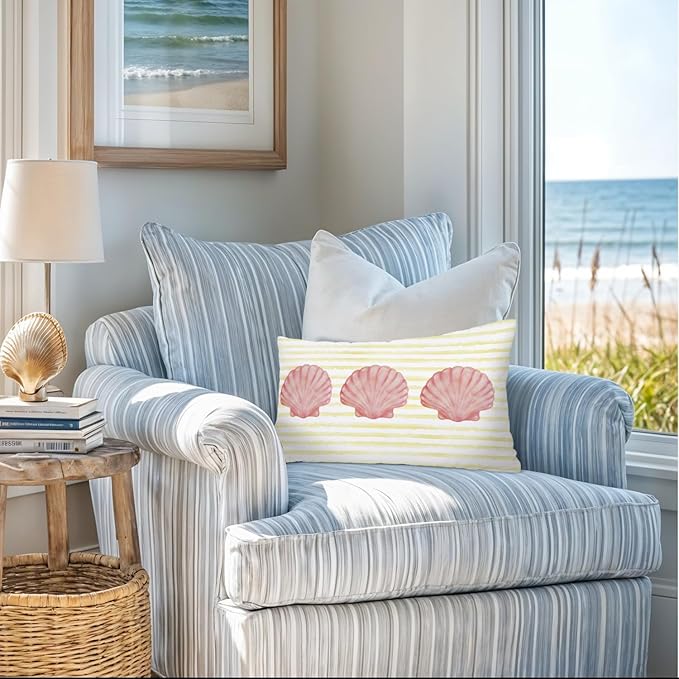 Coastal Girly Room Decor 12x20 Pillow Cover, Preppy Beach Pink Seashell Yellow Striped Decorative Lumbar Pillow Covers for Girls Bedroom College Dorm Sofa Couch