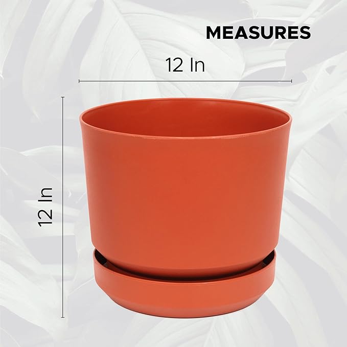 Elly Décor 12 inch Plastic Cylinder Planter Pot with Self-Watering Saucer and Drainage Hole,Lightweight & Extremely Durable, 12"x 12", Terracotta
