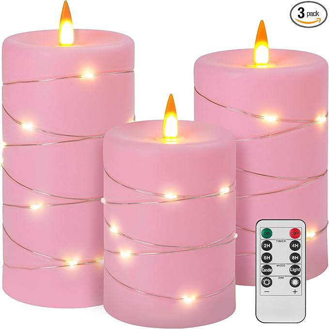 Rose Pink Flameless Candles with String Lights Battery Operated Flickering LED Pillar Candles 4‘’ 5‘’ 6‘’ Candle with Remote Control, Set of 3