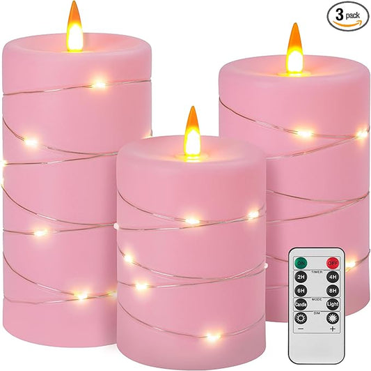 Rose Pink Flameless Candles with String Lights Battery Operated Flickering LED Pillar Candles 4‘’ 5‘’ 6‘’ Candle with Remote Control, Set of 3