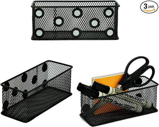 Neudeco Magnetic Locker Organizer and Accessories，Wire Mesh Magnetic Storage Basket ,Magnetic Holder for Dry Erase Markers,Strong Magnet Pen Holder for Fridge School,Pack 3 (Black)