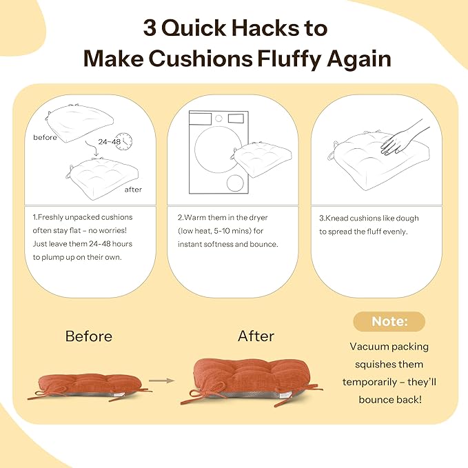 Non Slip Chair Cushions for Dining Chairs Set of 4 Kitchen Chair Cushions 18"x18"x3" Turfted Chair Pads Comfortable and Soft Seat Cushion with Ties, Orange