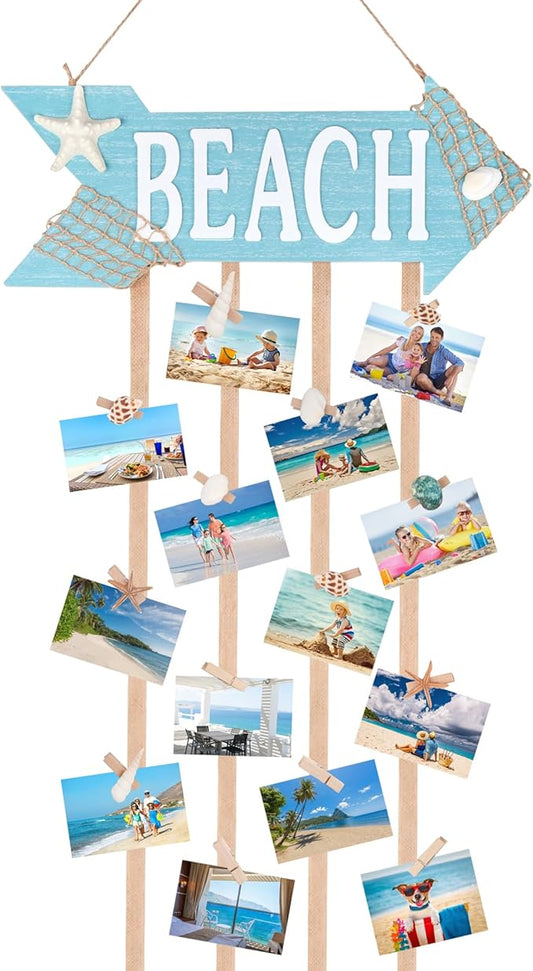 Coastal Style Hanging Photo Display Holder with 30 Clips (10 Shell Clips), Wooden Frames Wall Picture Organizer for Beach Decor, Collage Display, Postcards, Holiday Cards & Home Decoration