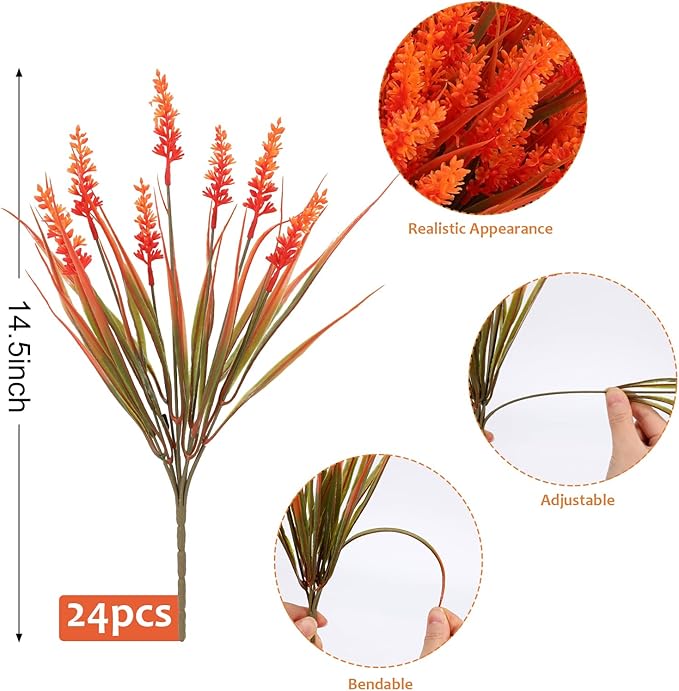 Geegoods Artificial Plants Flowers Outdoor – Faux Lavender Flowers with Monkey Grass UV Resistant Plastic Faux Plants for Garden Porch Window Patio Hanging Planter Home Decor (Autumn-red, 48PCS)