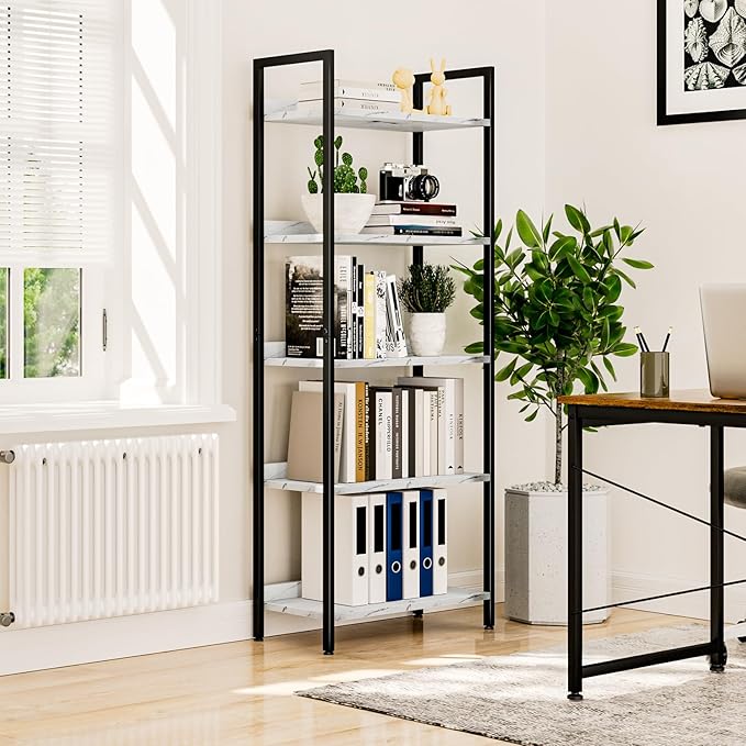 NUMENN Bookshelf, 5 Tier Bookshelves, Home Office Bookcase Shelf Storage Organizer, Free Standing Storage Shelving Unit for Bedroom, Living Room and Home Office, White Marble