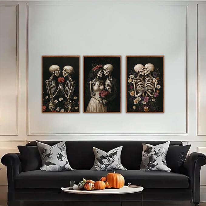 HLNIUC Halloween Rose Wedding Framed Wall Art,Vintage Skeleton Rose Canvas Prints,Abstract Romantic Theme Wall Decor Set of 3(16”x24”)Dark Romance Framed Painting,Roses Skull Art Print for Living Room