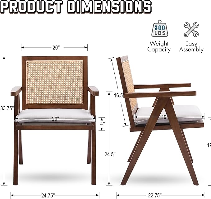 Rattan Dining Chairs Set of 6, Farmhouse Wicker Dining Chairs with Removable Linen Cushion Accent Cane Armchair for Dining Room Kitchen Restaurant, Walnut