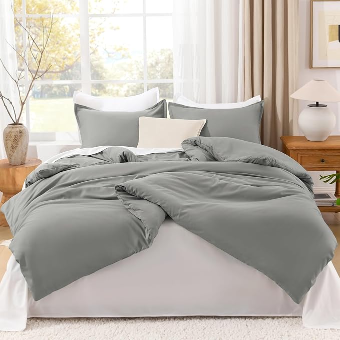 Litanika Comforters Medium Gray Queen Size, 3 Pieces Lightweight Solid Bedding Set & Collections, All Season Fluffy Bed Set (90x90In Comforter & 2 Pillowcases)