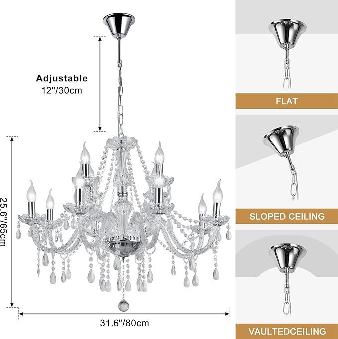 Modern Elegant 15 Lights K9 Crystal Glass Chandelier Pendant Ceiling Lighting European Style for Dining Living Room Bedroom Transparent,15 E12 Bulbs Required