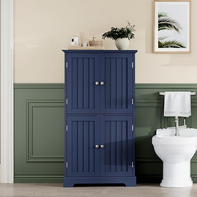 ChooChoo Bathroom Floor Cabinet, Modern Bathroom Storage Cabinet with 4 Doors and Adjustable Shelves, Freestanding Cupboard for Living Room, Navy Blue
