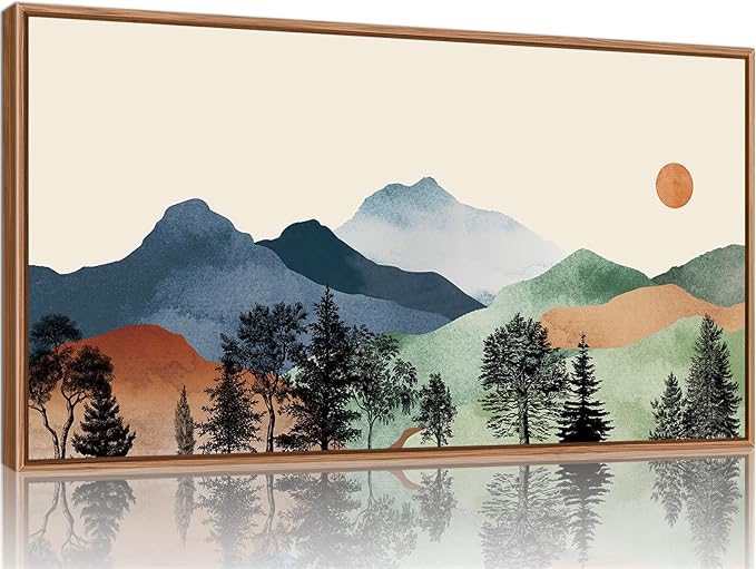 SIGNINART Large Boho Mountains Framed Canvas Wall Art, Watercolor Nature Landscape Art Prints, Neutral Modern Sunrise Art Paintings, Green Forest Wall Decor for Living Room, Bedroom, Office 20"x40"