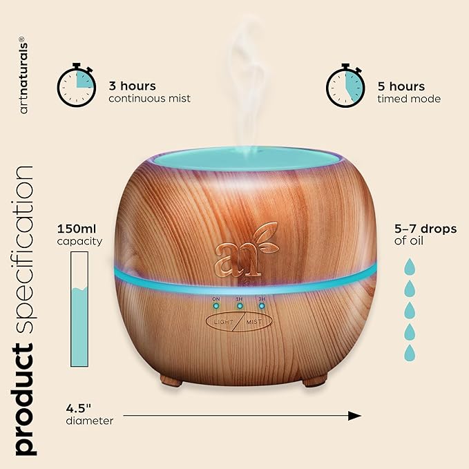 artnaturals Aromatherapy Essential Oil Diffuser – (5.0 Fl Oz / 150ml Tank) – Ultrasonic Aroma Humidifier, Auto Shut-Off – for Home, Office & Bedroom