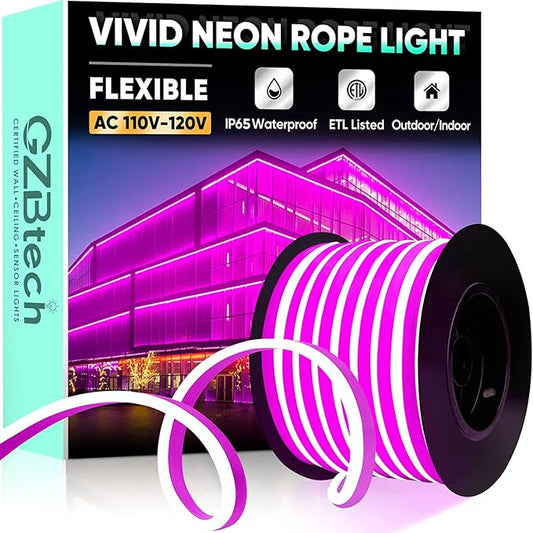 GZBtech Flexible LED Neon Rope Lights 66FT,AC 110-120V Waterproof Strip Light, 120 LEDs/M Cuttable Connectable Neon Lighting for Indoor Outdoor Home Decor/Commercial Building Use-Pink 20M