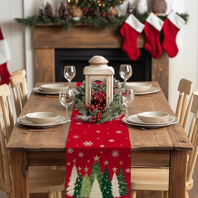 GEEORY Christmas Table Runner 13x120 Inch, Xmas Trees Snowflakes Holiday Decorative Farmhouse Table Decoration for Kitchen Dinning, Indoor Outdoor Dinner Party Decor (Red) GT150-120