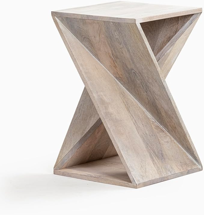 Modern Hand Made One-of-a-Kind Carved Mango Wood End Table, Farmhouse Side Table,Farmhouse End Table,Living Room,Bedroom, Accent Table, Contemporary Architectural Designed Whitewash,Assembled