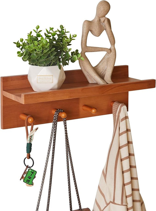 Wall Mounted Hook with Shelf,15.75in Entryway Wall Hanging Shelf,Solid Wood Coat Hooks,for Bathroom, Kitchen,Cherry Wood Color YD-WS0240C