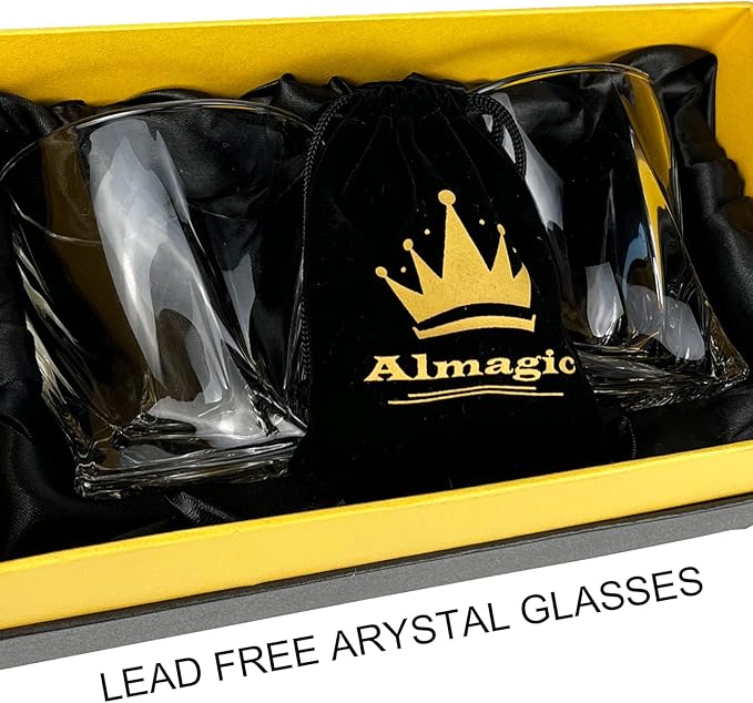 Crystal Whiskey Glasses Set of 2 (11 Oz), Old Fashioned Glass Packaged in Sturdy Gift Box, Unique Gifts for Men, Twisted Style Bourbon Glass Cocktail Glasses, Dad Gifts for Birthday