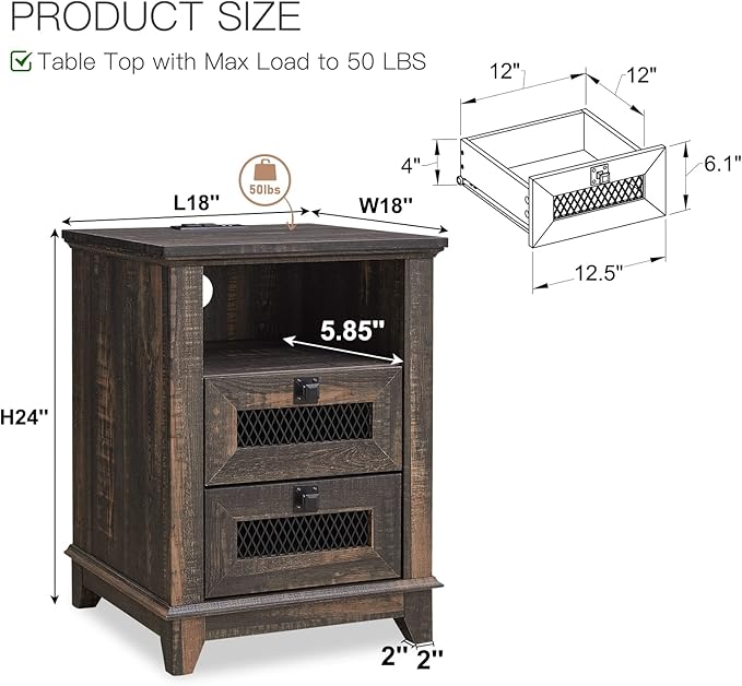 OKD Nightstand with Charging Station, 18'' Industrial & Farmhouse End Table with 2 Drawers & Open Cubby, Rustic Mesh Drawer Sofa Side Table w/Storage for Bedroom, Living Room, Office, Dark Rustic Oak