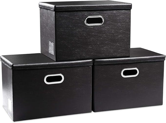 PRANDOM Extra Stackable Storage Bins with Lids [3-Pack] Leather Fabric Foldable Storage Boxes Organizer Containers Baskets Cube with Cover for Bedroom Closet Office Nursery Black (22.8x15.7x13.8)