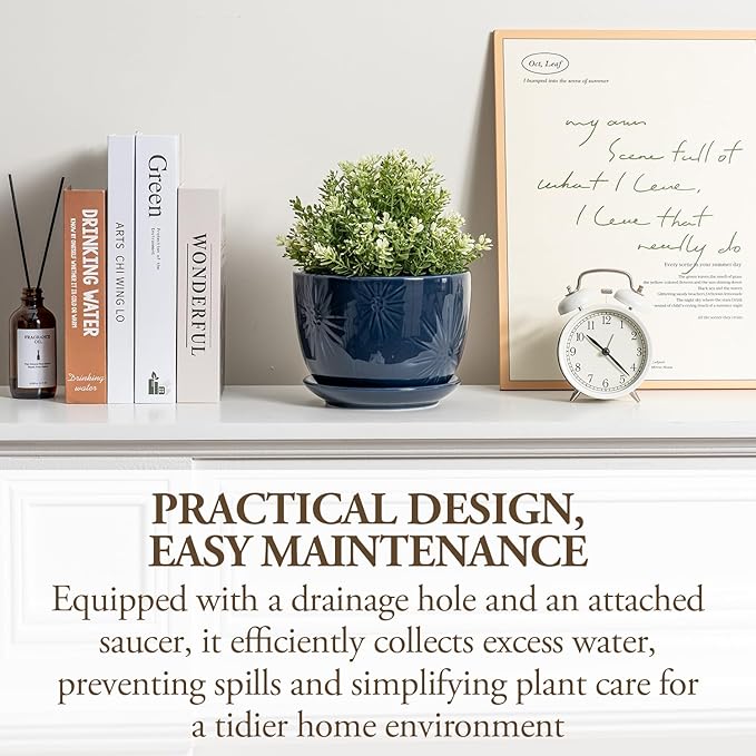 MyGift 7 Inch Round Blue Ceramic Plant Pot with Drainage Hole and Attached Saucer, Modern Decorative Embossed Sunburst Planter Container for Indoor Home Garden