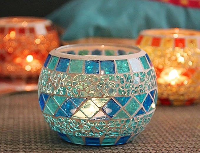 Votive Candle Holder Tea Lights - Glass Candle Holders, Mosaic Tealight Candle Holder, Candle Jar Cup for Wedding Centerpiece Party Table Decorations, Valentines Day Decor