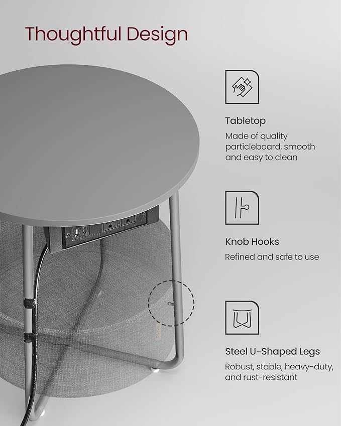 VASAGLE Side Table with Charging Station, Round End Table with Fabric Basket, Nightstand with Power Outlets, USB Ports, for Living Room, Bedroom, Modern, Dove Gray and Slate Gray ULET228G01