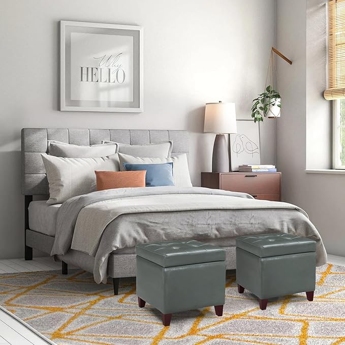 Adeco Bonded Leather Square Tufted Cubic Cube Footstool, 18" Height Storage Ottomans, with Lid, Cement Grey