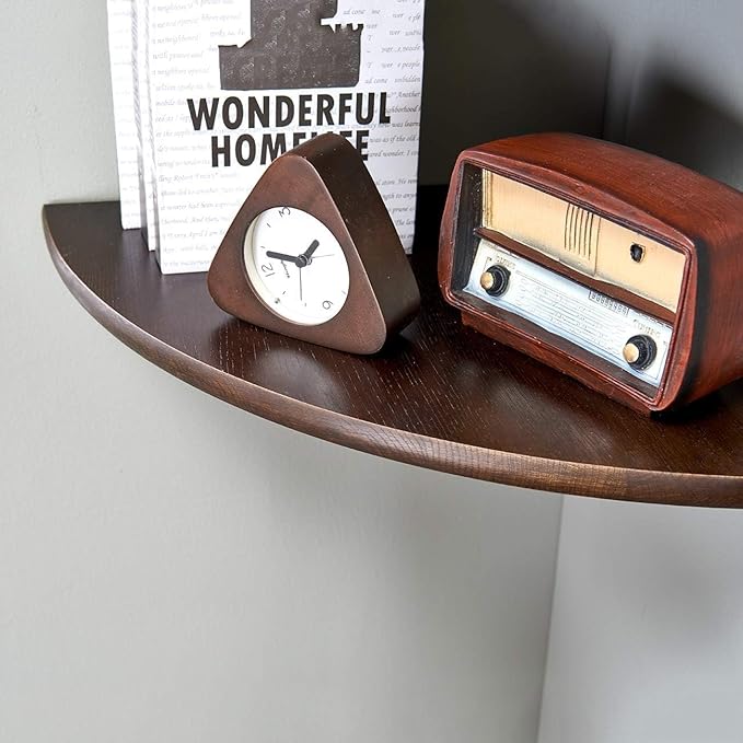 Corner Shelf, Solid Oak Wood Floating Corner Shelf Wall Mount Round End Floating Speaker with Wire Hole for Small Plant Photo for Bedroom Kitchen, Living Room Walnut