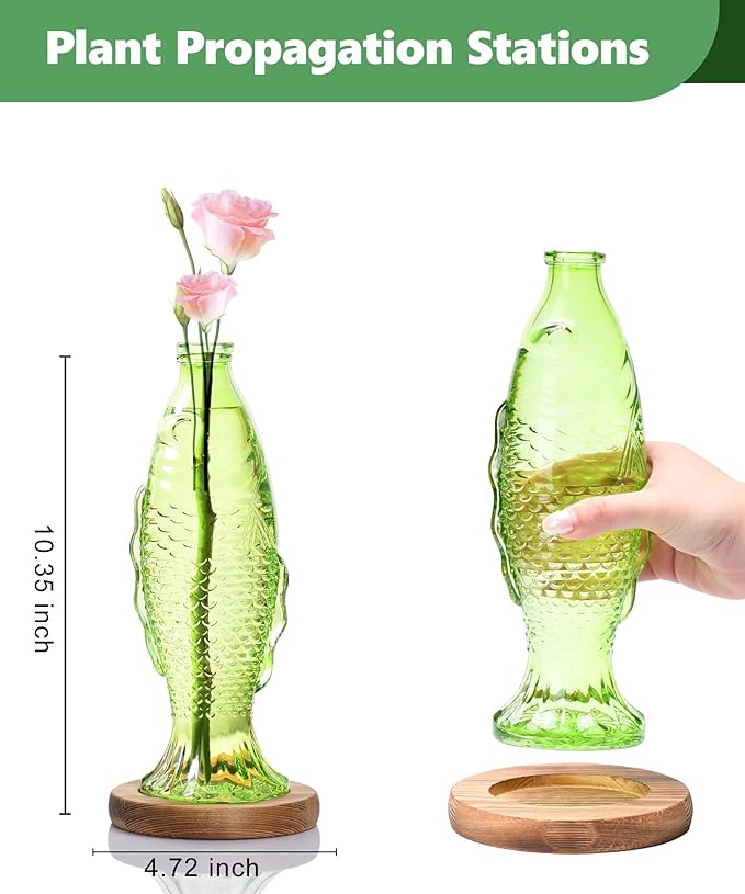 Nacome Fish Vase Glass Plant Terrarium with Wooden Stand,Plant Propagation Station for Home Office Hydroponics Desk Decoration,Unique Gardening Gifts for Plant Lovers Women Mom(Green)