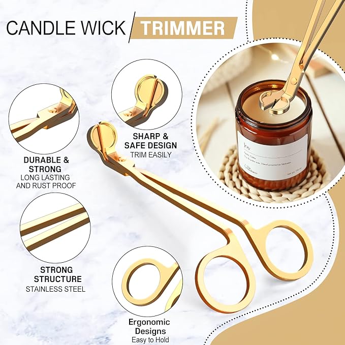 6 in 1 Candle Accessory Set,Candle Wick Trimmer Cutter,Candle Wick Dipper,Candle Wick Snuffer, Rechargeable Candle Lighter,Storage Tray Plate,Tweezers,Stainless Steel Candle Care Kit Home Gift(Gold)