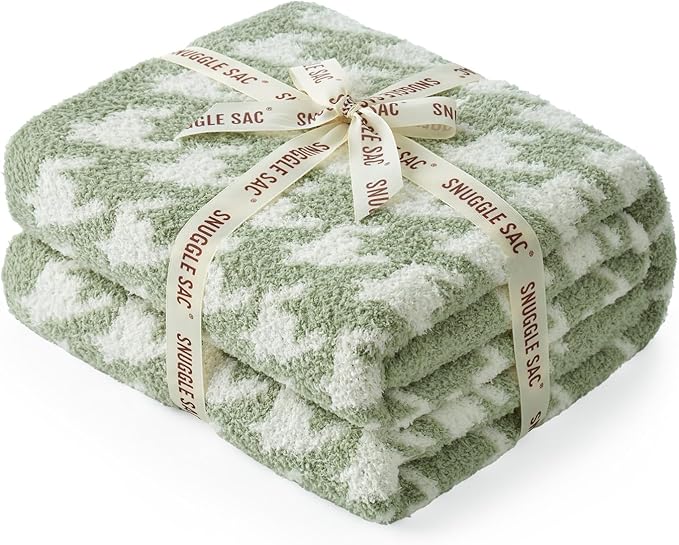 Snuggle Sac Houndstooth Throw Blanket for Couch, Reversible Super Soft Warm Blankets Cozy Knit Fuzzy Plush Lightweight Throws for Sofa, Bed, Camping, Green,50x60 inches