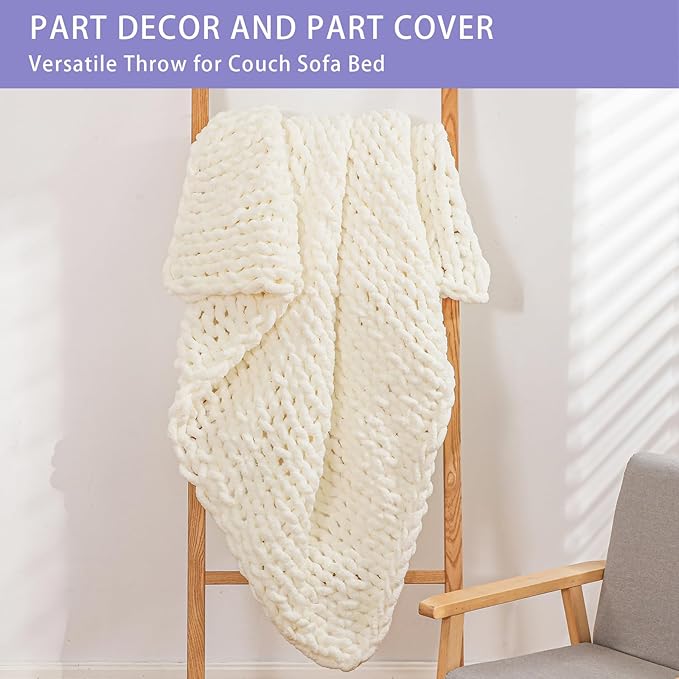 Bigacogo Chunky Knit Throw Blanket for Couch, 60x80 inches, 100% Hand Knitted with Thick Jumbo Chenille Yarn, Cozy Soft Large Rope Knot Cable Crochet Blankets for Sofa Bed Living Room, Ivory
