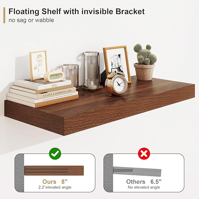 Heimlove 12" Deep Floating Shelves for Wall, 24 Inch Wall Shelf Bathroom Shelves Set of 1, Wall Mounted Shelves for Books Living Room Laundry Room Bedroom Kitchen Home Office, Walnut