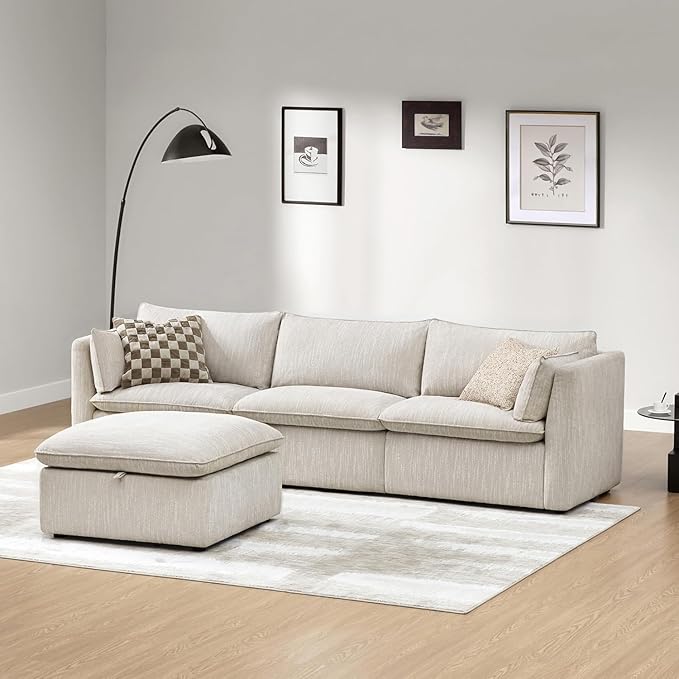 CHITA Sectional Modular Down Filled L Shape Sofa, Comfty L Shape Cloud Couch,FSC Certified L Shaped Couch for Living Room, 114 inch Width,4 Seat with Storage Ottoman, Snow