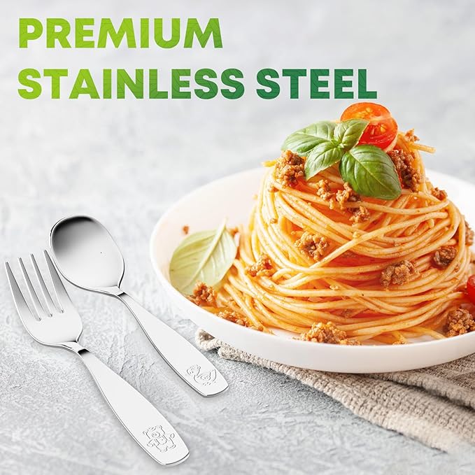 Toddler Utensils 4 Set, Kids Stainless Steel Silverware Set - 2pcs Forks and 2pcs Spoon, Cute Children Flatware Sets with Mirror Polished, Self Feeding Safe, Dishwasher Safe