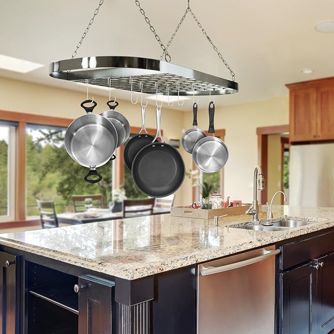 Sorbus® Pot and Pan Rack for Ceiling with Hooks — Decorative Oval Mounted Storage Rack — Multi-Purpose Organizer for Home, Restaurant, Kitchen Cookware, Utensils, Books, Household (Hanging Chrome)