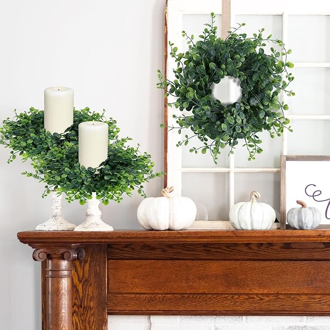 6 Pcs Mini Green Boxwood Candle Rings Wreaths Green Kitchen Cabinet Wreath 3 Inch Wedding Candle Holder for Front Door Porch Outside All Season Wedding Home Tabletop Decoration