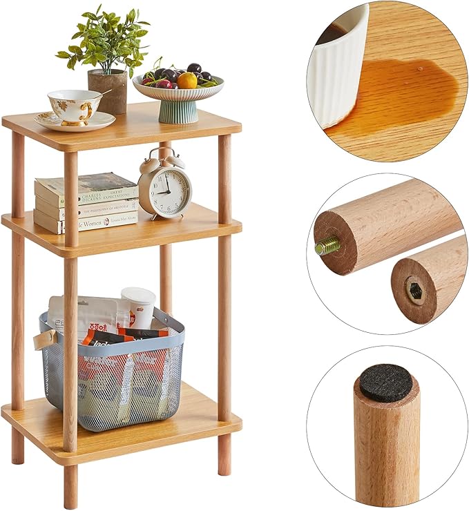 IBUYKE 3-Tier Side Table, Solid Wood Tall End Table with Storage Shelves, Nightstand Bedside Table for Living Room Bedroom Office, No-Tool Assembly, Natural UWST003N