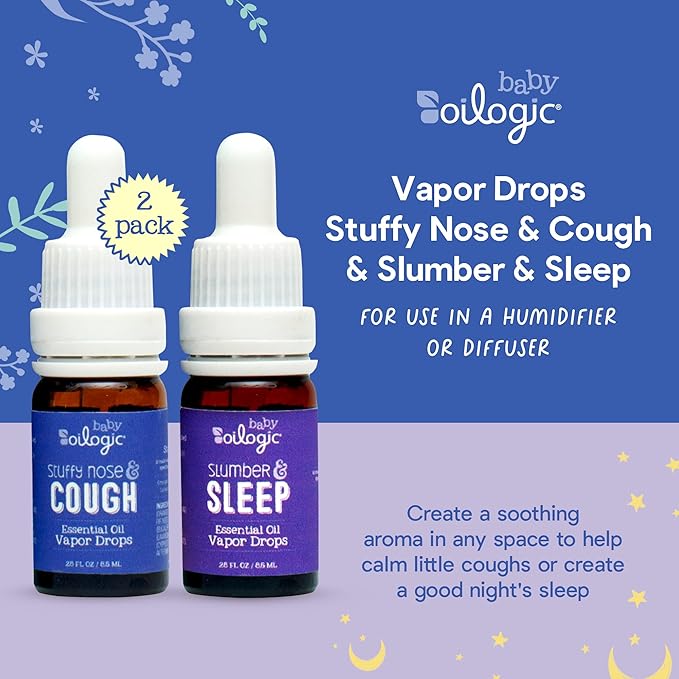 Oilogic Baby Essential Oil Vapor Drops for Diffuse & Humidifier, 2-Pack Set with Stuffy Nose & Cough + Slumber & Sleep - Baby Aromatherapy Oil is Safe for Babies, Kids & Toddlers