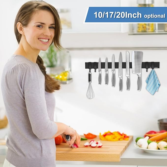 Magnetic Knife Holder for Wall 20 Inch, No Drilling black knife magnetic strip with 4 Hooks, Strong Magnet Knife Holder strip, Magnetic Knife Rack Bar for Kitchen Knives and Tools