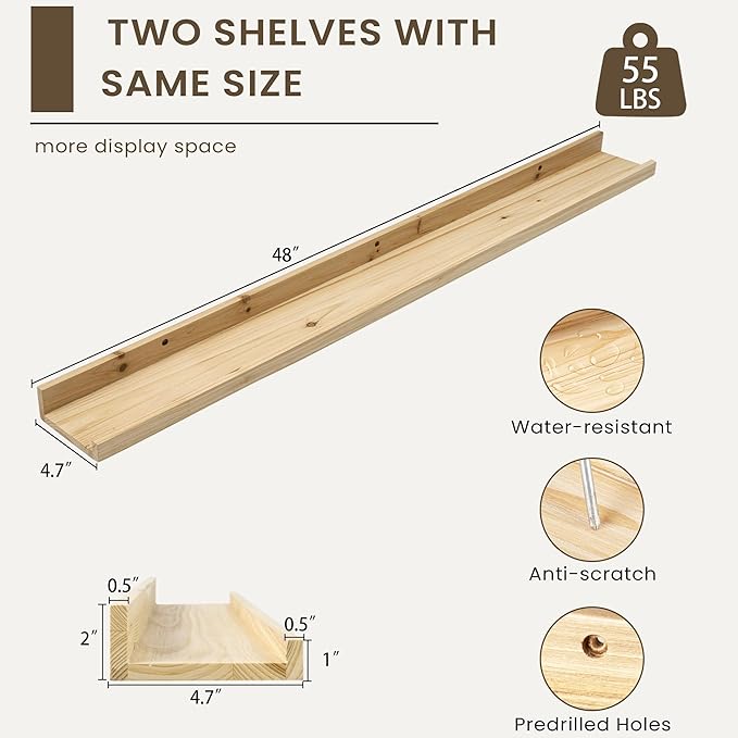 Floating Shelves for Wall, Picture Ledge Shelf 48 Inch Solid Wood Set of 2, Rustic Wall Shelves with Lip, Kids Bookshelf, Photo & Picture Live Edge Floating Shelves for Bedroom, Living Room, Kitchen